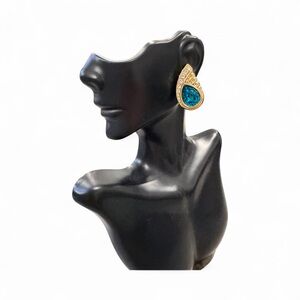 Swarovski Goldtone Statement Earrings – Teal & Clear Crystals